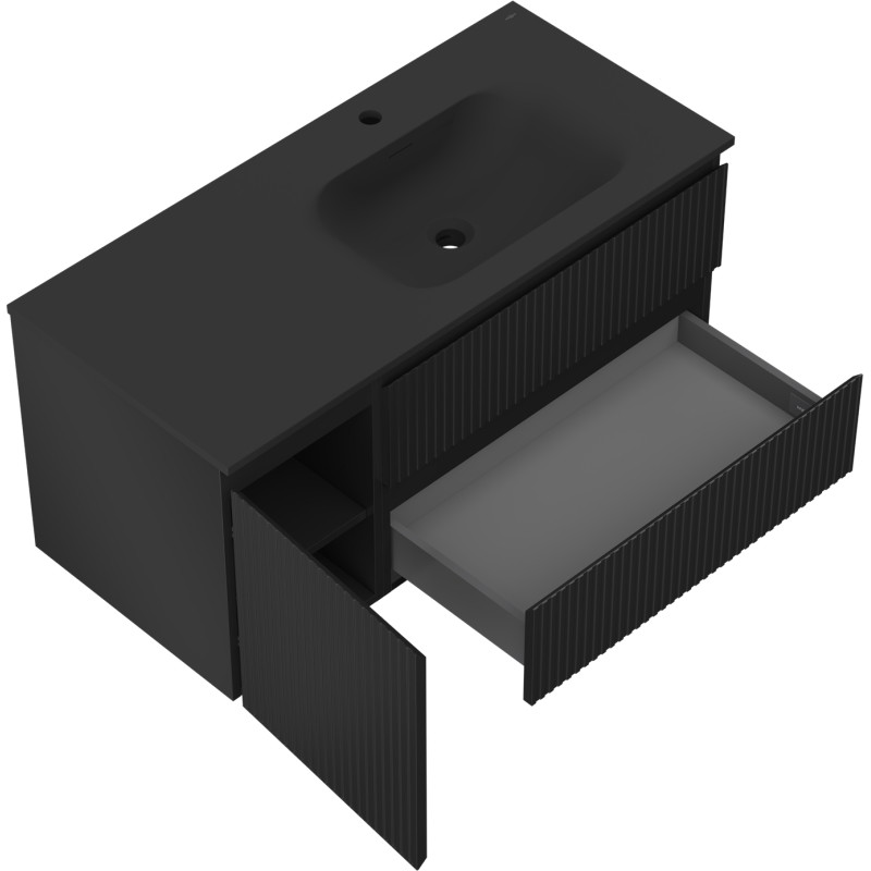 Mexen Rivel badkamerkast 120 cm met wastafel Vela rechts, 2S, 1D, gefreesd, zwart mat - 91A23-10047-3-BBFFF71-W23P71