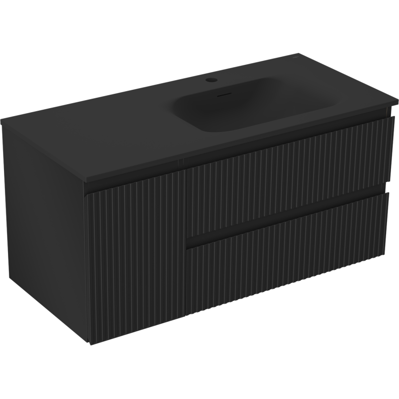 Mexen Rivel Badezimmerschrank 120 cm mit Waschbecken Vela rechts, 2S, 1D, gerillt, Schwarz matt - 91A23-10047-3-BBFFF71-W23P71