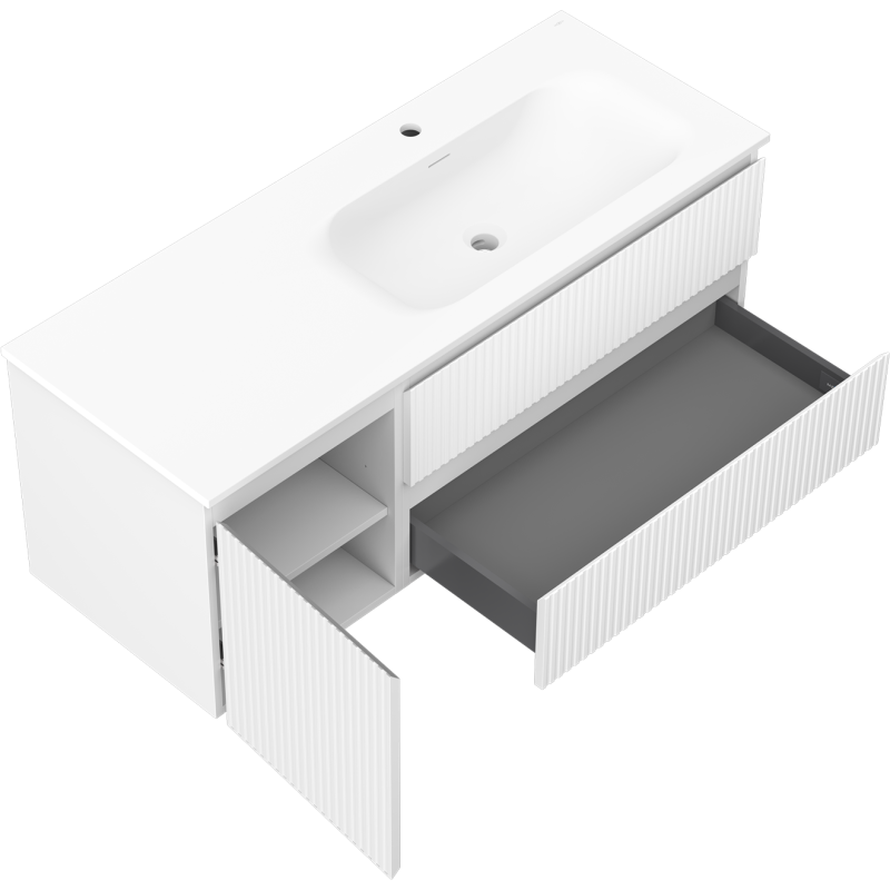 Mexen Rivel bathroom cabinet 120 cm with Vela right sink, 2S, 1D, fluted, white matte - 91A23-12047-3-BBFFF01-W23P01