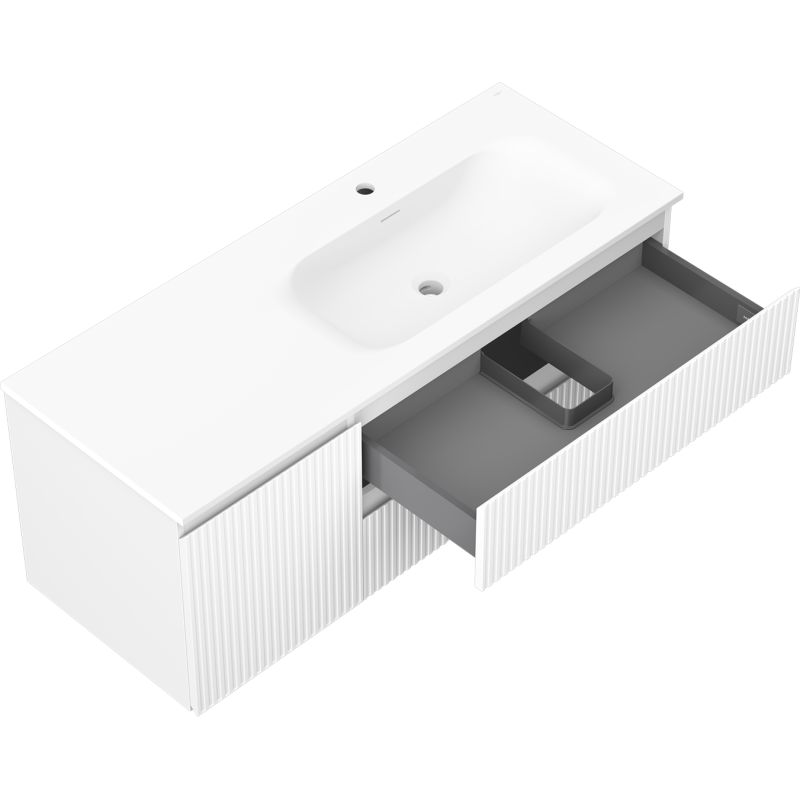 Mexen Rivel mobile da bagno 120 cm con lavabo Vela a destra, 2S, 1D, scanalato, bianco opaco - 91A23-12047-3-BBFFF01-W23P01