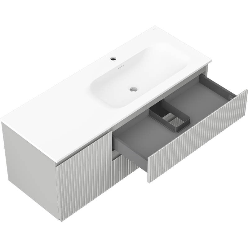 Mexen Rivel armário de casa de banho 120 cm com lavatório Vela direito, 2S, 1D, entalhado, cinza/branco mate