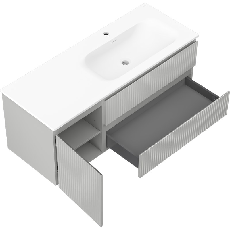 Mexen Rivel bathroom cabinet 120 cm with Vela right washbasin, 2S, 1D, grooved, gray/white matte - 91A23-12047-3-BBFFF62-W23P01