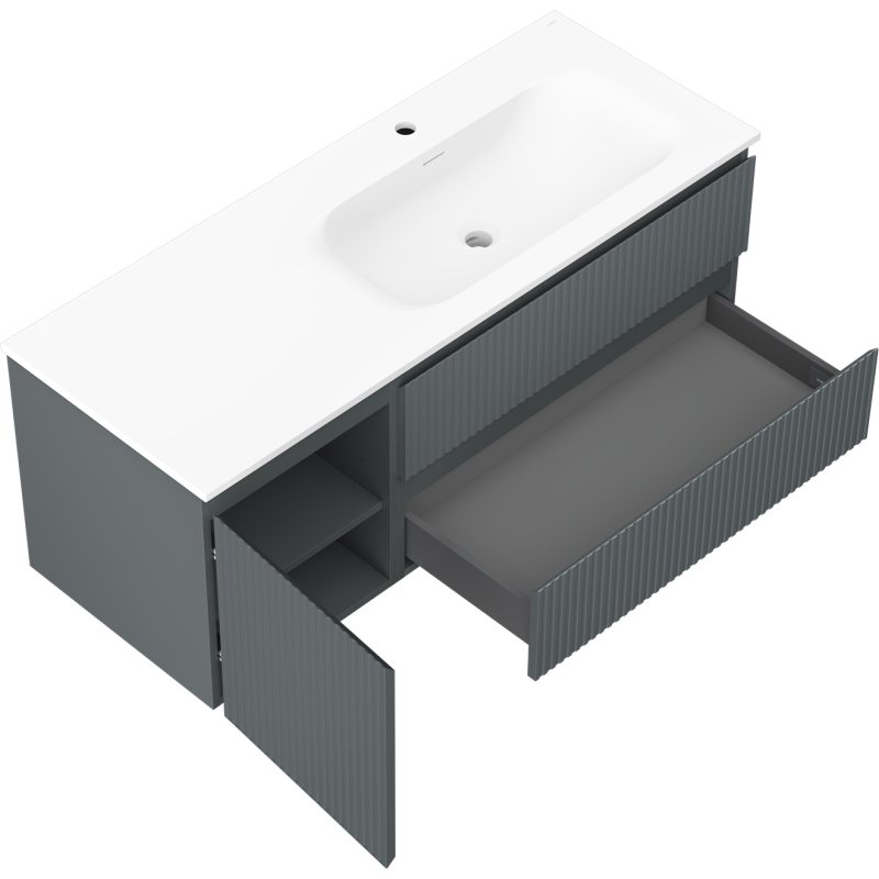 Mexen Rivel badkamerkast 120 cm met wastafel Vela rechts, 2S, 1D, geribbeld, grafiet/wit mat - 91A23-12047-3-BBFFF66-W23P01