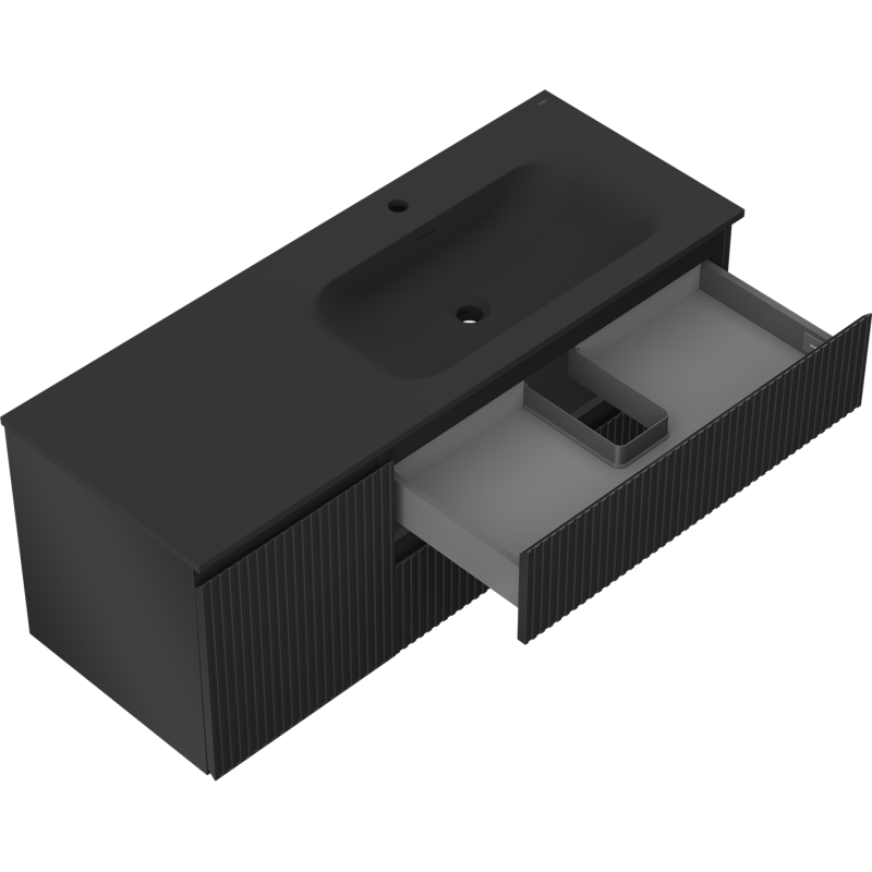 Mexen Rivel bathroom cabinet 120 cm with Vela right sink, 2S, 1D, fluted, black matte - 91A23-12047-3-BBFFF71-W23P71