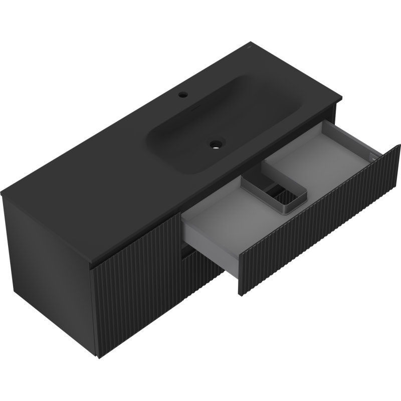 Mexen Rivel mobiletto da bagno 120 cm con lavabo Vela a destra, 2S, 1D, scanalato, nero opaco - 91A23-12047-3-BBFFF71-W23P71