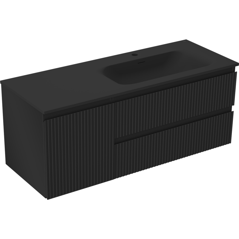 Mexen Rivel Badezimmerschrank 120 cm mit Waschtisch Vela rechts, 2S, 1D, gerillt, schwarz matt - 91A23-12047-3-BBFFF71-W23P71