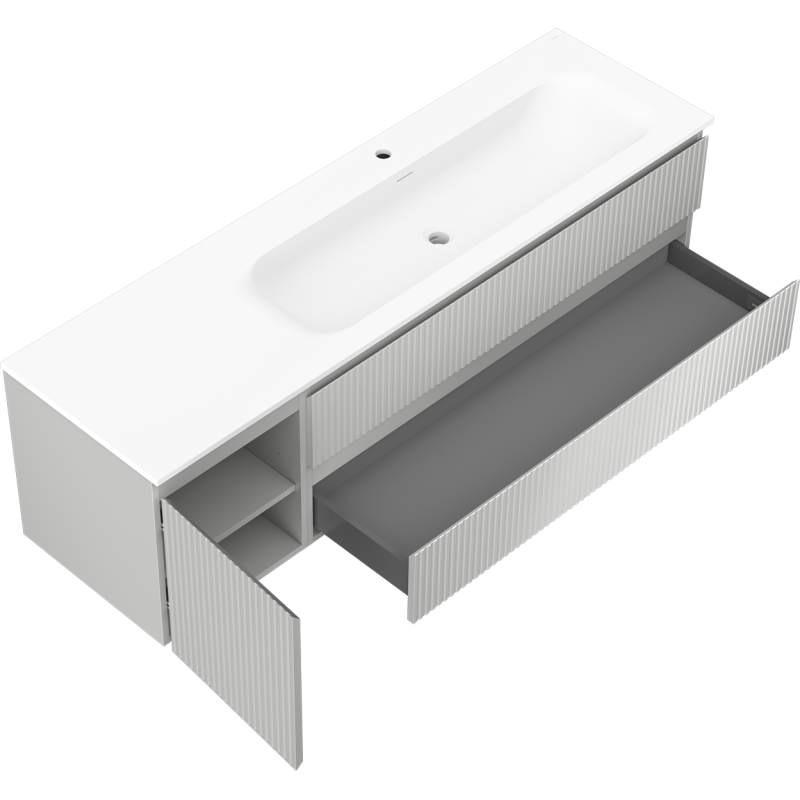 Mexen Rivel armário de casa de banho 160 cm com lavatório Vela direito, 2G, 1P, ranhurado, cinza/branco mate