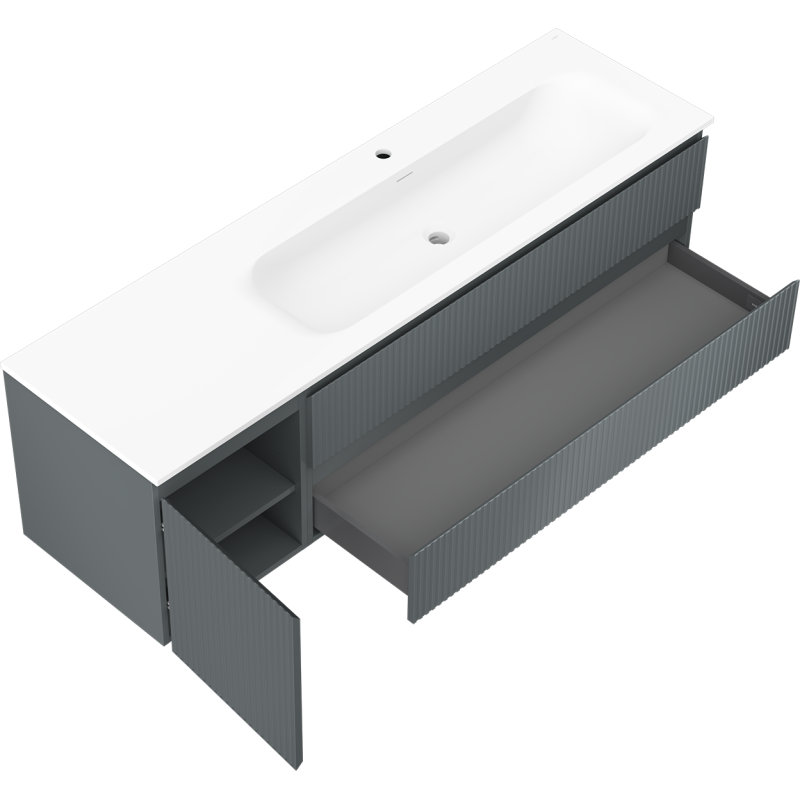 Mexen Rivel szafka łazienkowa 160 cm z umywalką Vela prawą, 2S, 1D, ryflowana, grafit/biała mat - 91A23-16047-3-BBFFF66-W23P01