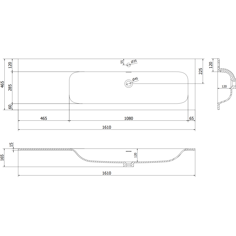 Mexen Rivel szafka łazienkowa 160 cm z umywalką Vela prawą, 2S, 1D, ryflowana, grafit/biała mat - 91A23-16047-3-BBFFF66-W23P01