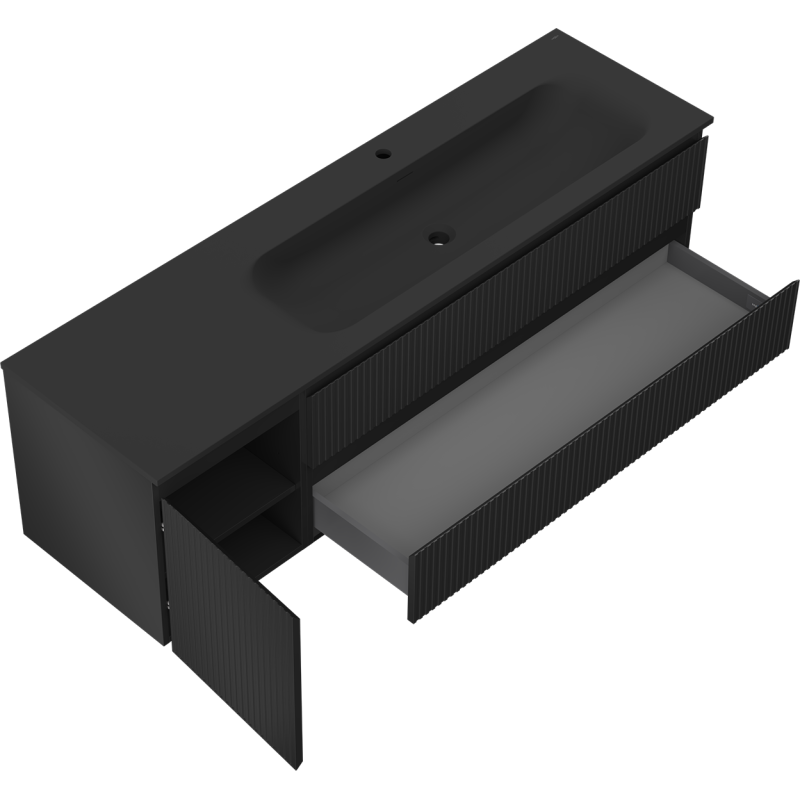 Mexen Rivel mobile bagno 160 cm con lavabo Vela destro, 2S, 1D, scanalato, nero opaco - 91A23-16047-3-BBFFF71-W23P71
