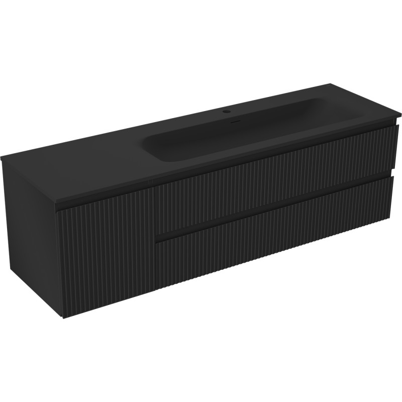Mexen Rivel Badezimmerschrank 160 cm mit Waschbecken Vela rechts, 2S, 1D, geriffelt, schwarz matt - 91A23-16047-3-BBFFF71-W23P71