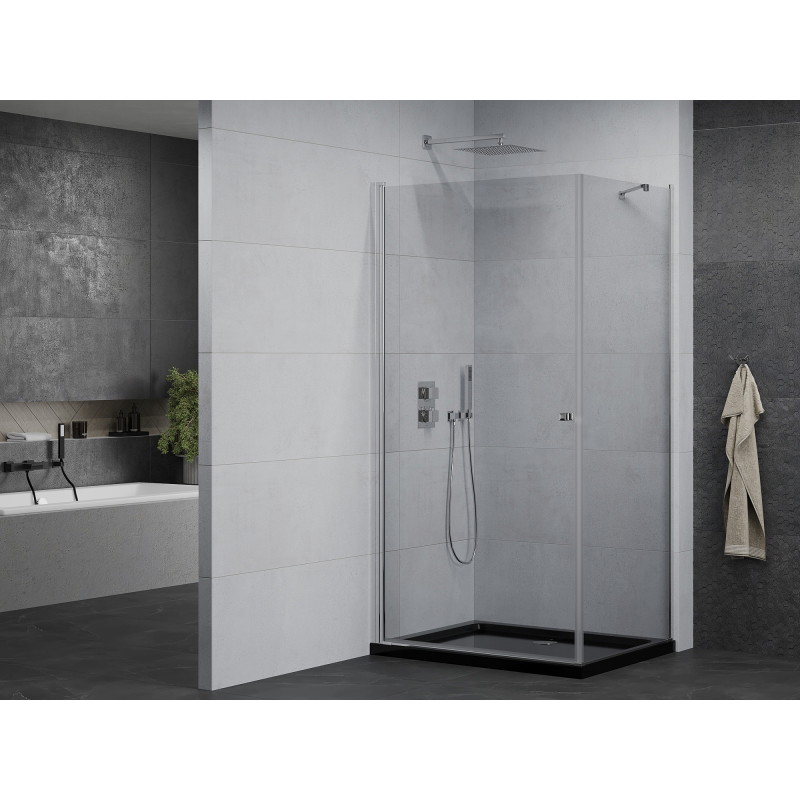 Mexen Pretoria tuš kabina s preklopnim vratima 70 x 80 cm, prozirna, krom + plitki tuš Flat, crna - 852-070-080-01-00-4070