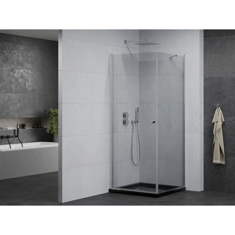 Mexen Pretoria cabine de douche pivotante 80 x 80 cm, transparent, chrome + receveur Flat, noir - 852-080-080-01-00-4070
