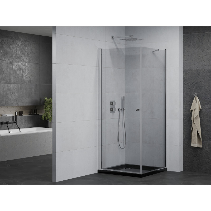 Mexen Pretoria cabina de ducha abatible 90 x 90 cm, transparente, cromo + plato Flat, negro - 852-090-090-01-00-4070