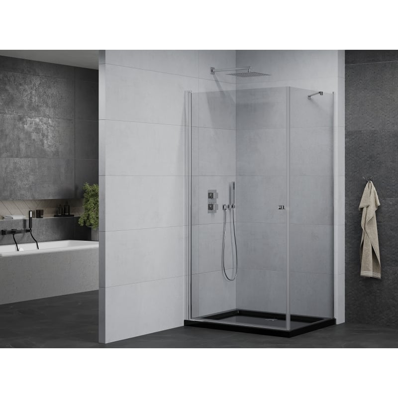 Mexen Pretoria scharnierende douchecabine 90 x 100 cm, transparant, chroom + Flat douchebak, zwart - 852-090-100-01-00-4070