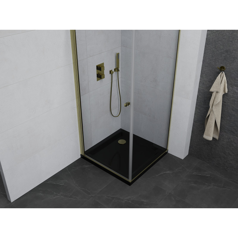 Mexen Pretoria schuifbare douchecabine 70 x 70 cm, transparant, goud + Flat douchebak, zwart - 852-070-070-50-00-4070G