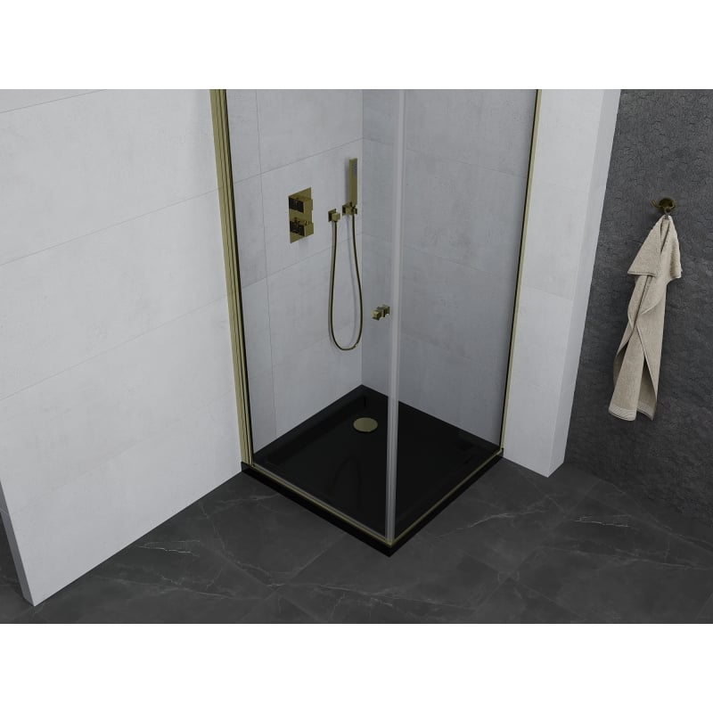 Mexen Pretoria swing shower cabin 70 x 70 cm, transparent, gold + Flat shower tray, black - 852-070-070-50-00-4070G