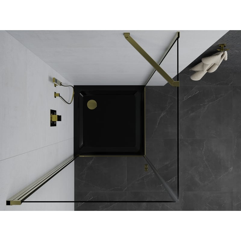Mexen Pretoria swing shower cabin 70 x 70 cm, transparent, gold + Flat shower tray, black - 852-070-070-50-00-4070G