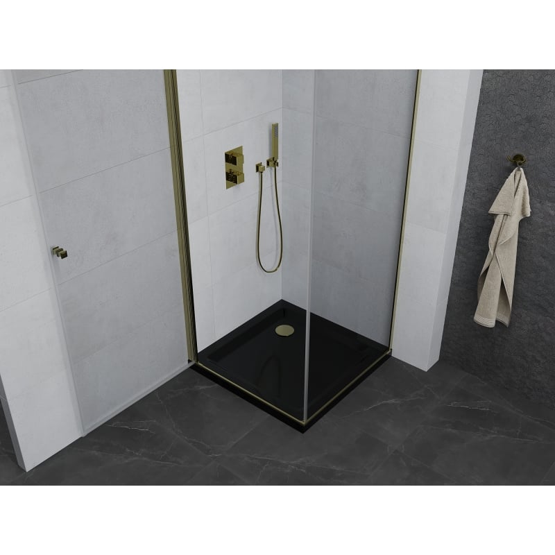 Mexen Pretoria swing shower cabin 70 x 70 cm, transparent, gold + Flat shower tray, black - 852-070-070-50-00-4070G