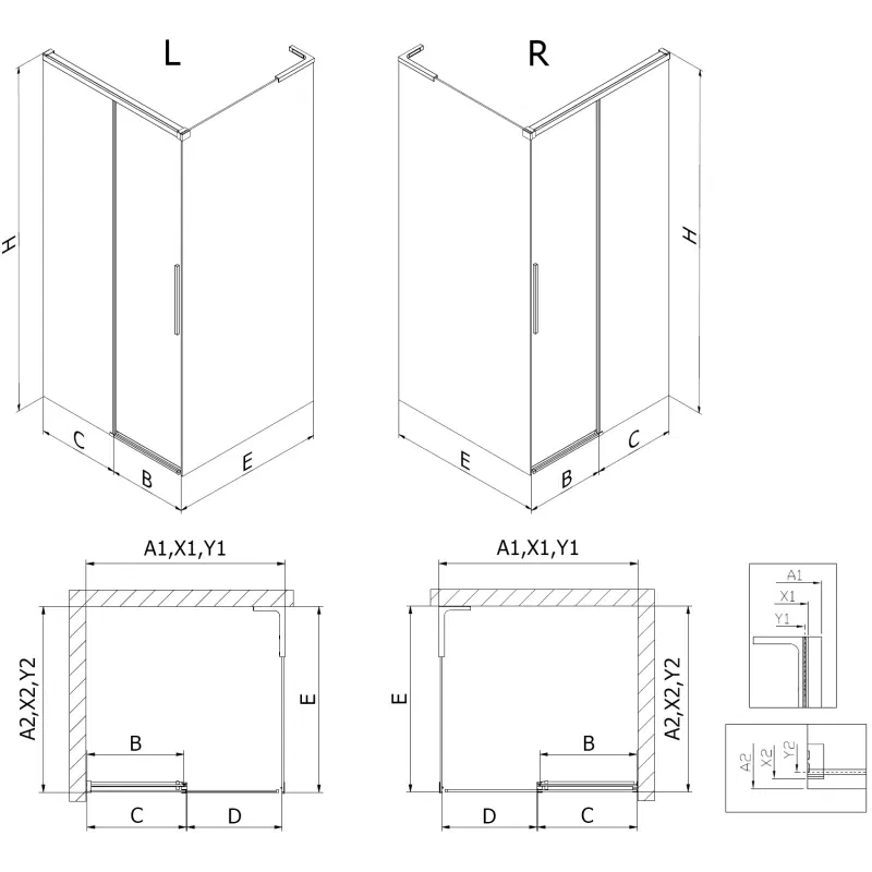 Mexen Rox L Duschkabine Schiebetür 90 x 90 cm, transparent, schwarz - 8C2L-090-090-70-00