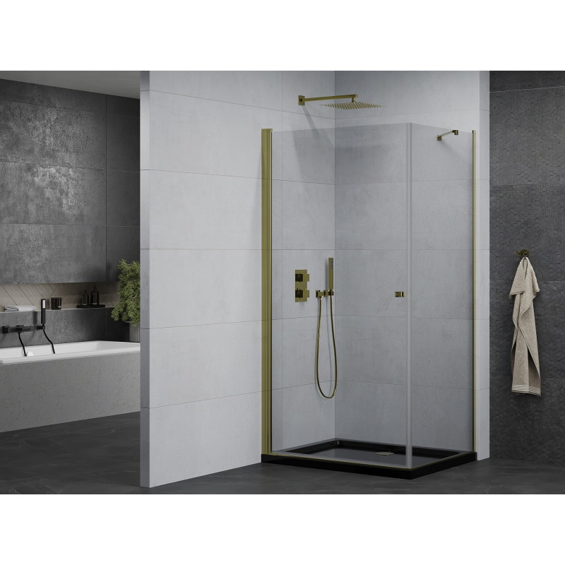 Mexen Pretoria zglobna tuš kabina 70 x 90 cm, prozirna, zlatna + Flat tuš kada, crna - 852-070-090-50-00-4070G