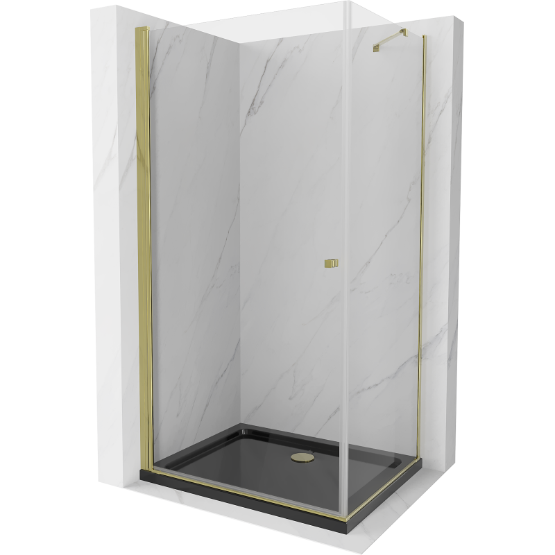 Mexen Pretoria kabina prysznicowa uchylna 70 x 100 cm, transparent, złota + brodzik Flat, czarny - 852-070-100-50-00-4070G