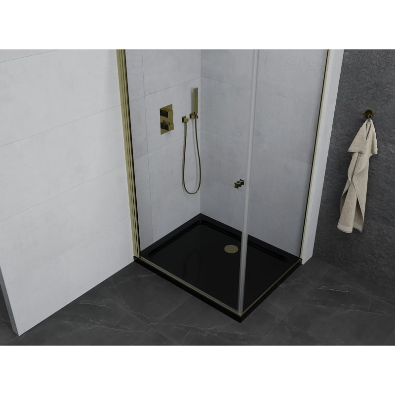 Mexen Pretoria preklopna tuš kabina 80 x 70 cm, prozirna, zlatna + plitica Flat, crna - 852-080-070-50-00-4070G