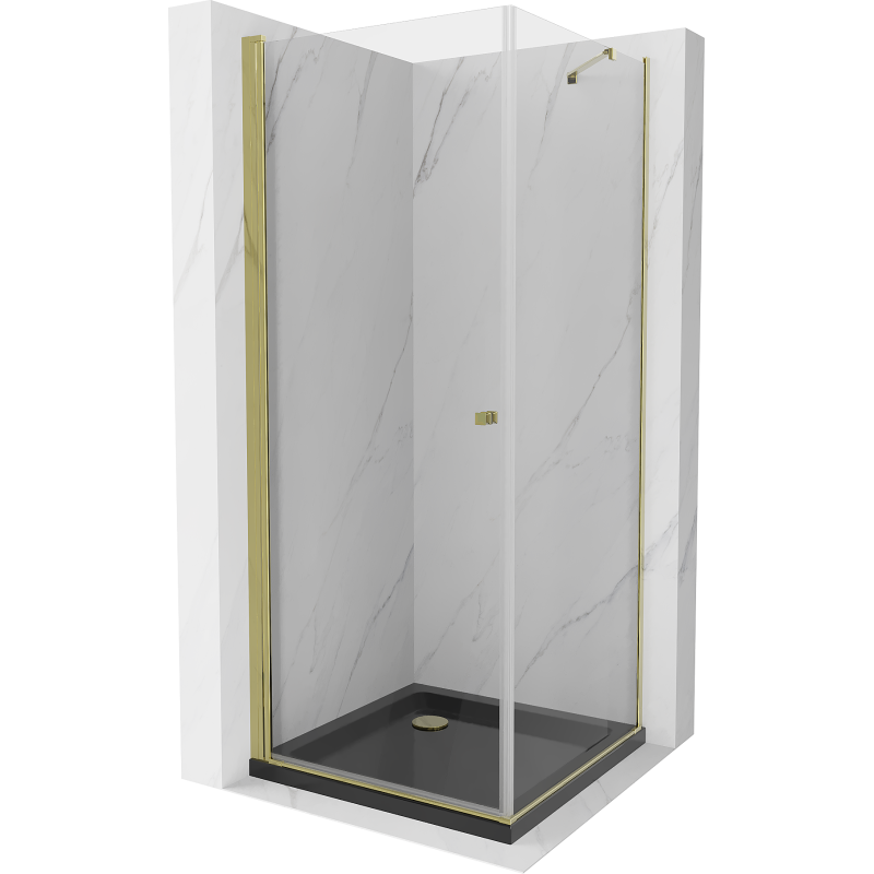 Mexen Pretoria Duschkabine Schwenktür 80 x 80 cm, transparent, gold + Duschtasse Flat, schwarz - 852-080-080-50-00-4070G