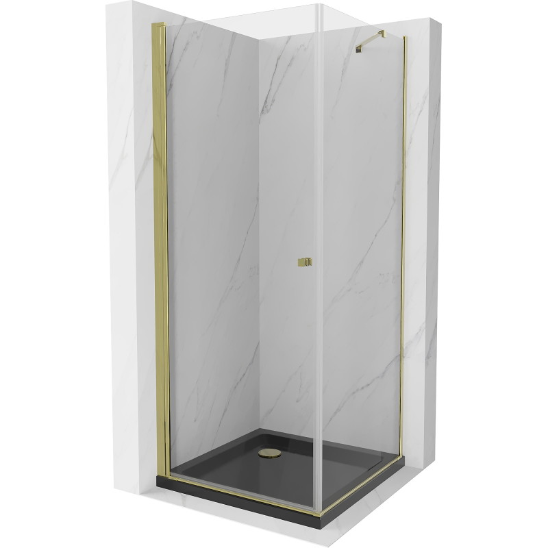 Mexen Pretoria tuš kabina s vratima 80 x 80 cm, prozirna, zlatna + tuš kada Flat, crna - 852-080-080-50-00-4070G