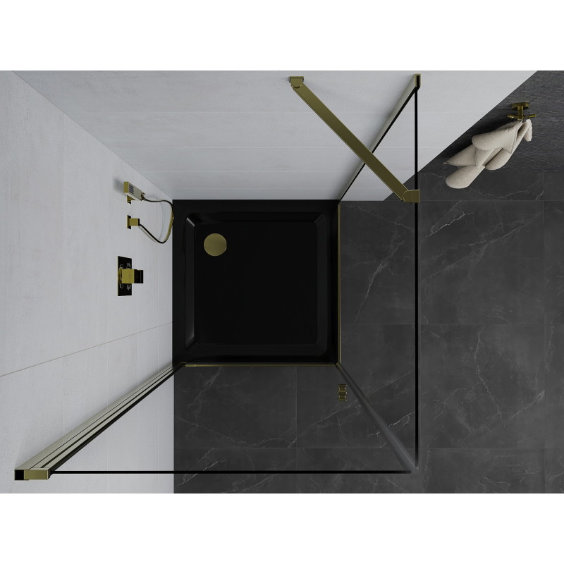 Mexen Pretoria tuš kabina s vratima 80 x 80 cm, prozirna, zlatna + tuš kada Flat, crna - 852-080-080-50-00-4070G