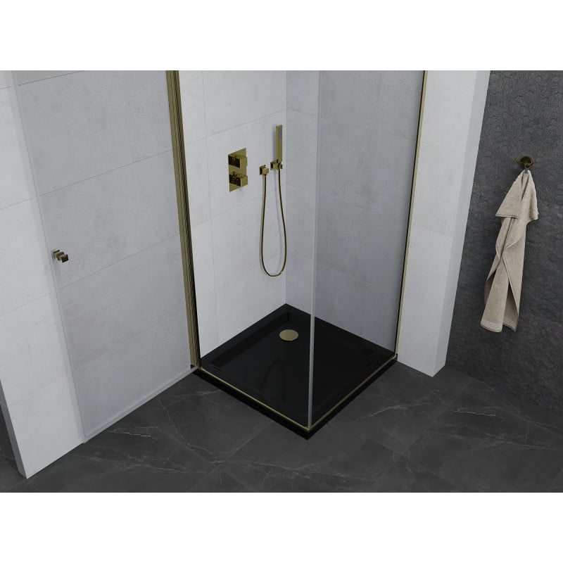 Mexen Pretoria cabine de douche pivotante 80 x 80 cm, transparent, dorée + receveur plat, noir - 852-080-080-50-00-4070G