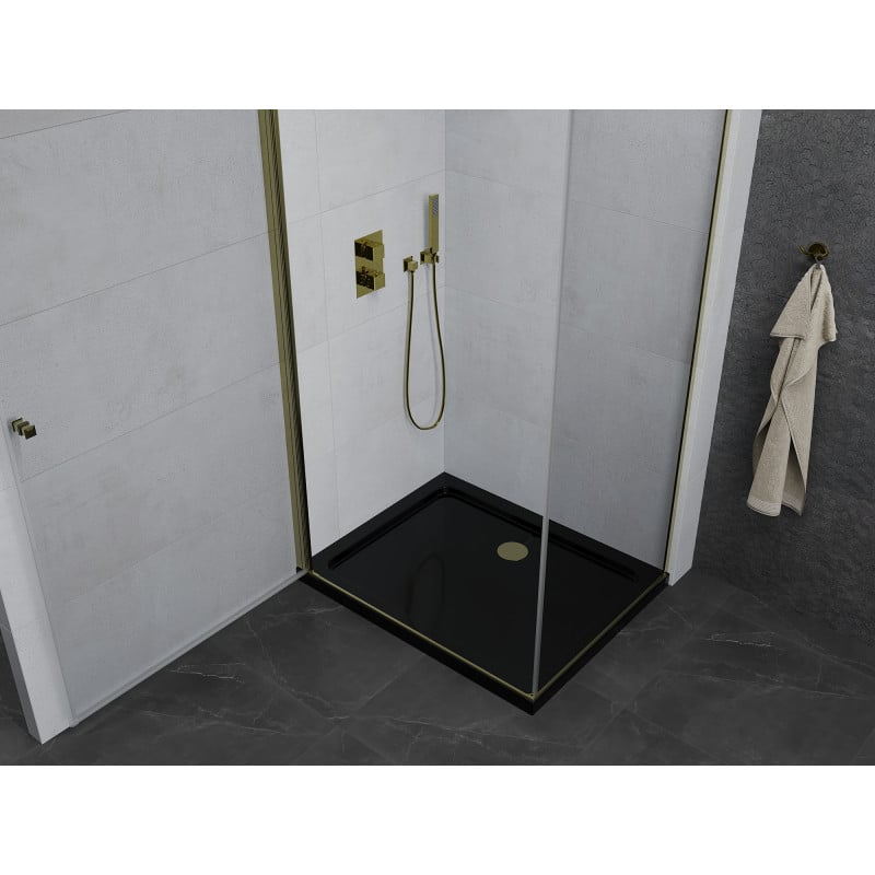 Mexen Pretoria cabina doccia ad anta battente 90 x 70 cm, trasparente, oro + piatto Flat, nero - 852-090-070-50-00-4070G