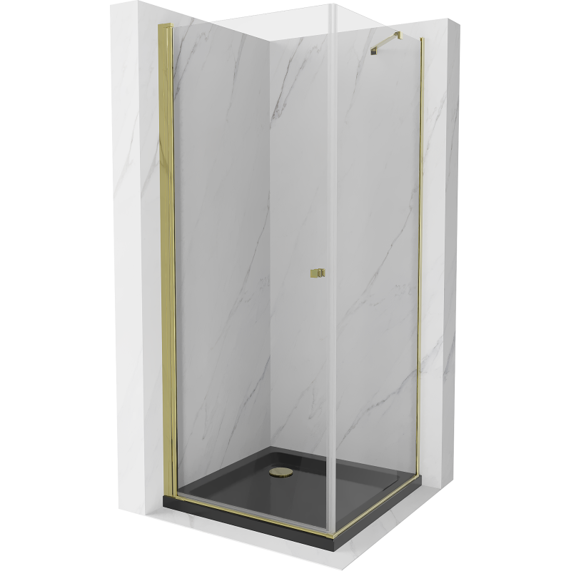 Mexen Pretoria Duschkabine, schwenkbar 90 x 90 cm, transparent, gold + Flat Duschwanne, schwarz - 852-090-090-50-00-4070G