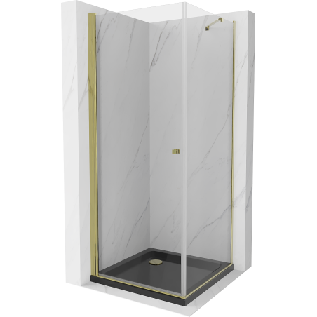 Mexen Pretoria Duschkabine, schwenkbar 90 x 90 cm, transparent, gold + Flat Duschwanne, schwarz - 852-090-090-50-00-4070G