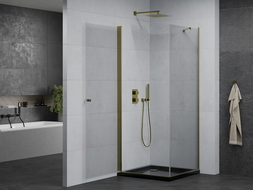 Mexen Pretoria Duschkabine, schwenkbar 90 x 90 cm, transparent, gold + Flat Duschwanne, schwarz - 852-090-090-50-00-4070G