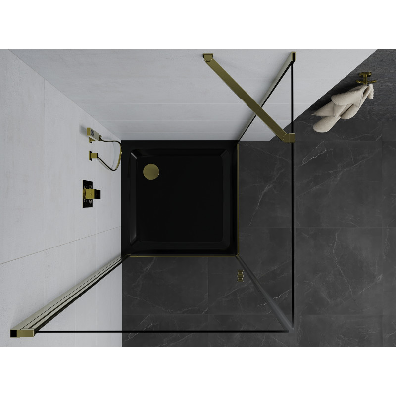 Mexen Pretoria Duschkabine mit Schwenktür 90 x 90 cm, transparent, gold + Flat Duschwanne, schwarz - 852-090-090-50-00-4070G