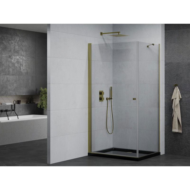 Mexen Pretoria cabine de douche pivotante 90 x 100 cm, transparent, dorée + receveur Flat, noir - 852-090-100-50-00-4070G