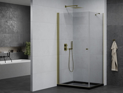 Mexen Pretoria cabine de douche pivotante 100 x 70 cm, transparent, or + receveur Flat, noir - 852-100-070-50-00-4070G