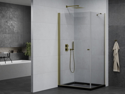 Mexen Pretoria Duschkabine aufklappbar 100 x 70 cm, transparent, gold + Duschwanne Flat, schwarz - 852-100-070-50-00-4070G