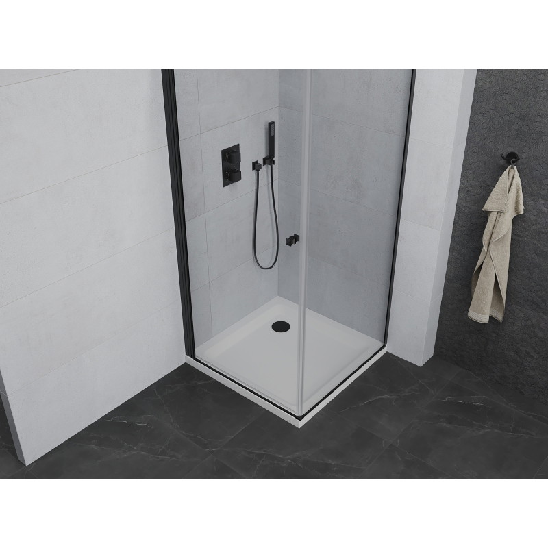 Mexen Pretoria kabina prysznicowa uchylna 80 x 80 cm, transparent, czarna + brodzik Flat - 852-080-080-70-00-4010B