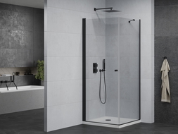 Mexen Pretoria Duschkabine schwenkbar 90 x 90 cm, transparent, schwarz + Duschwanne Flat - 852-090-090-70-00-4010B