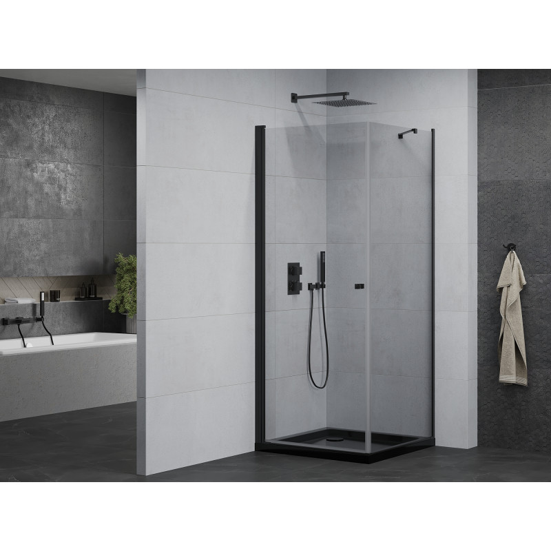 Mexen Pretoria cabina de ducha abatible 70 x 70 cm, transparente, negra + plato de ducha Flat, negro - 852-070-070-70-00-4070B