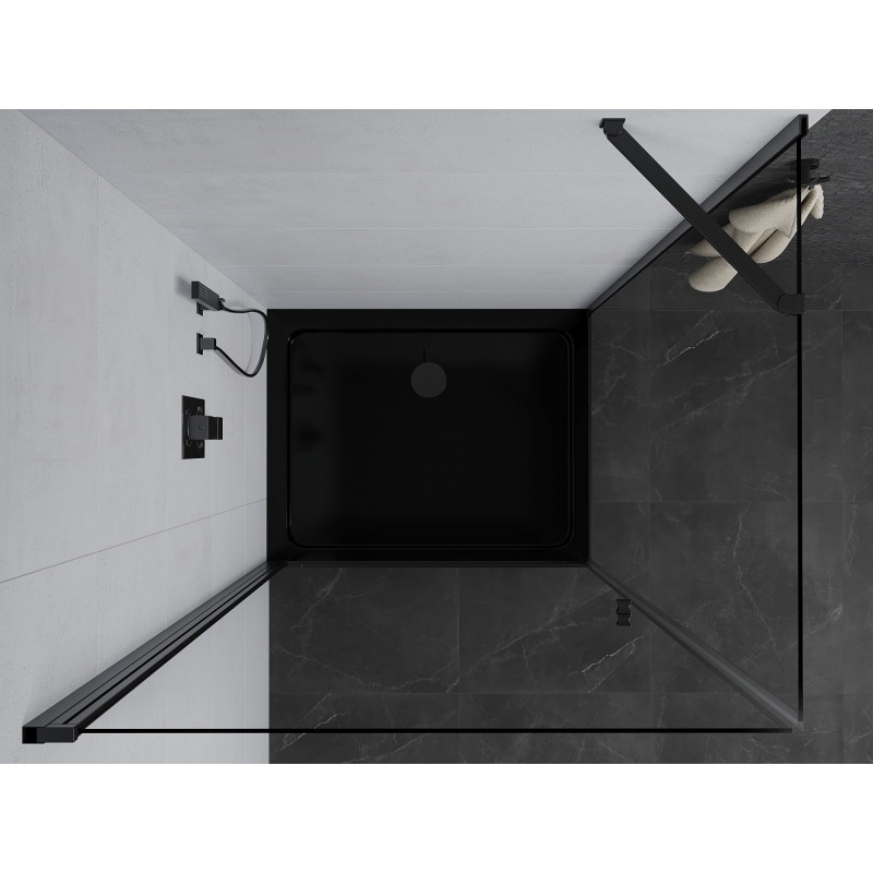 Mexen Pretoria staklena tuš-kabina s vratima 90 x 80 cm, prozirna, crna + plitki tuš, crni - 852-090-080-70-00-4070B