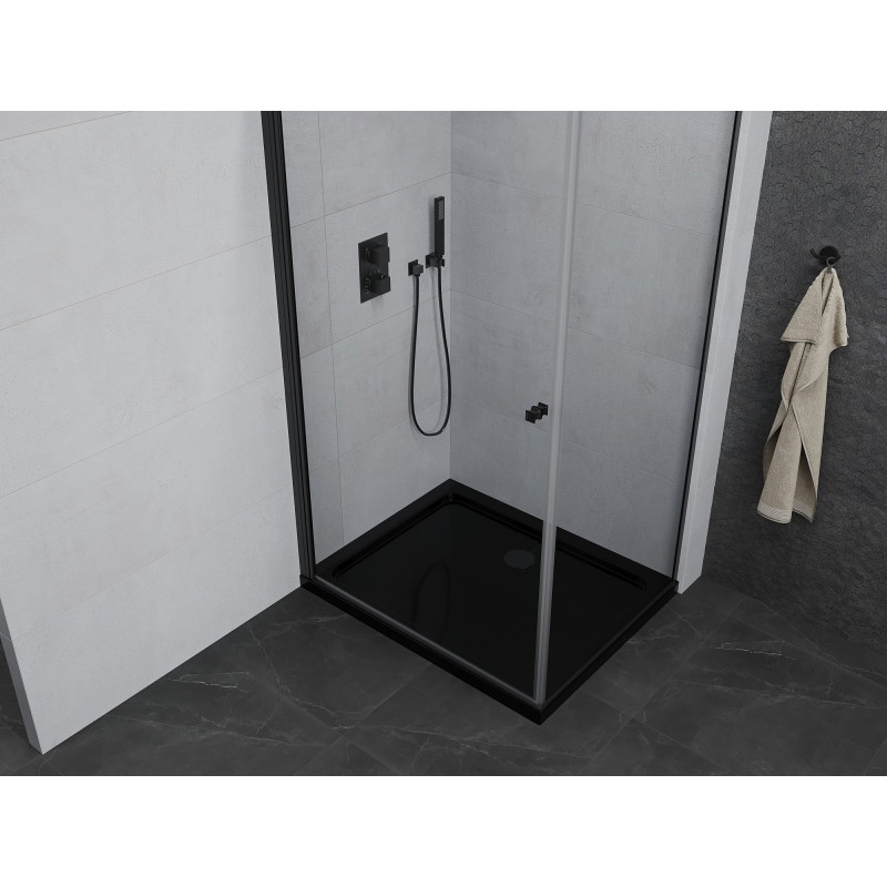 Mexen Pretoria staklena tuš-kabina s vratima 90 x 80 cm, prozirna, crna + plitki tuš, crni - 852-090-080-70-00-4070B