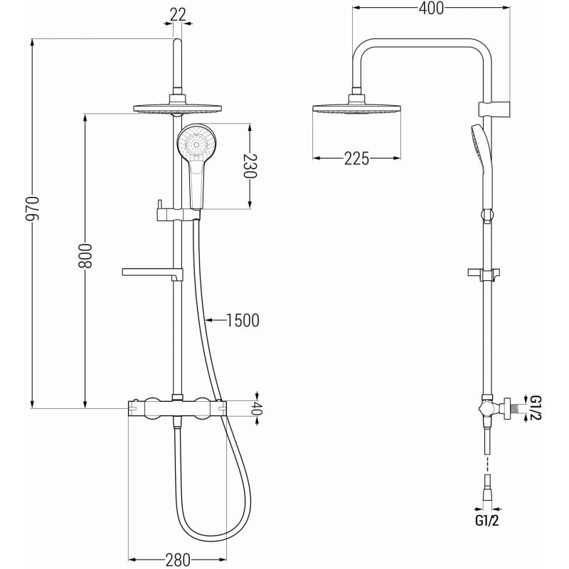Mexen KX05 zestaw prysznicowy natynkowy z deszczownicą i baterią termostatyczną, czarny - 771500591-70