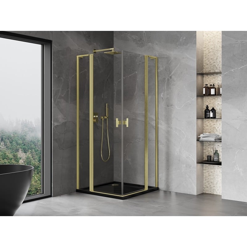 Mexen Mist L Duo 95 x 95 cm Hinged Shower Enclosure, Transparent, Brushed Gold - 8A4L-095-095-55-00