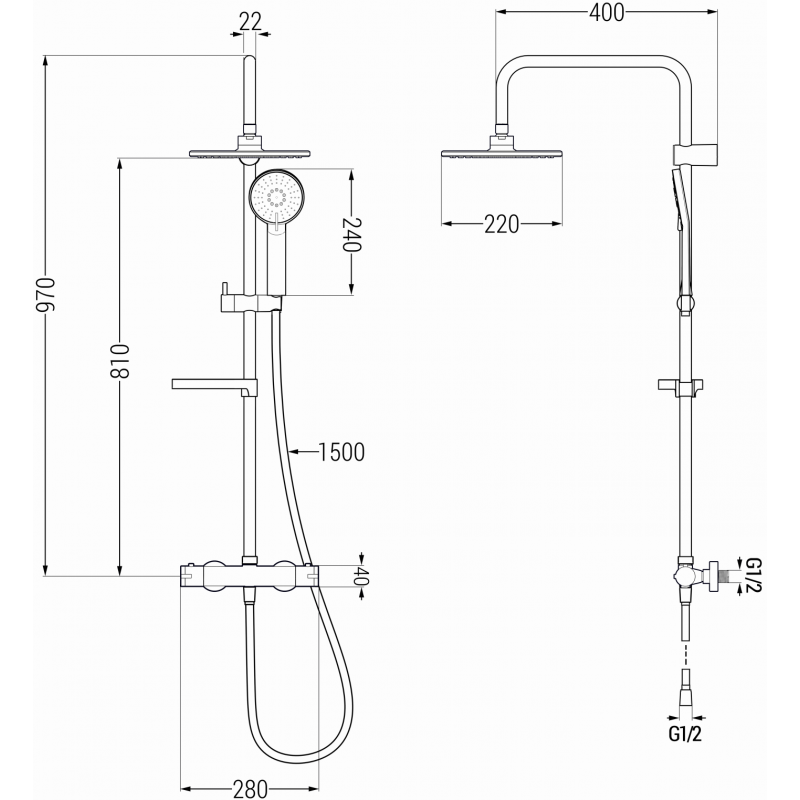 Mexen KX40 Montéiere Duschset mat Reeschkopf an thermostatescht Batteri, Rosegëld - 771504091-60