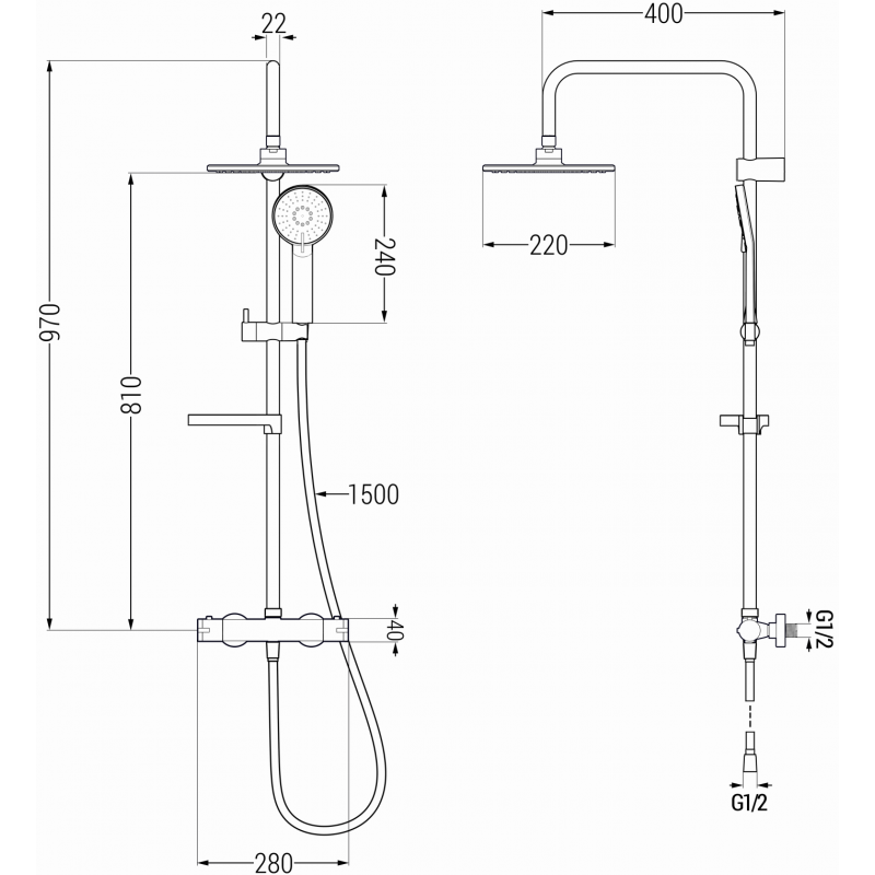 Mexen KX40 ensemble de douche en saillie avec pommeau de douche et robinet thermostatique, noir - 771504091-70