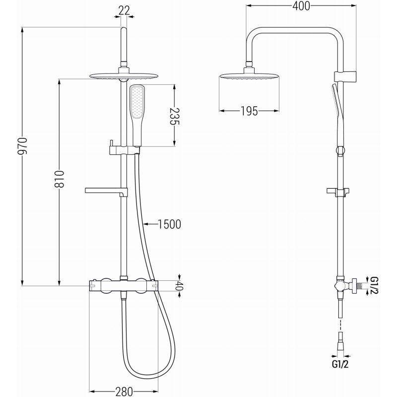 Mexen KX49 zestaw prysznicowy natynkowy z deszczownicą i baterią termostatyczną, biały/złoty - 771504091-25