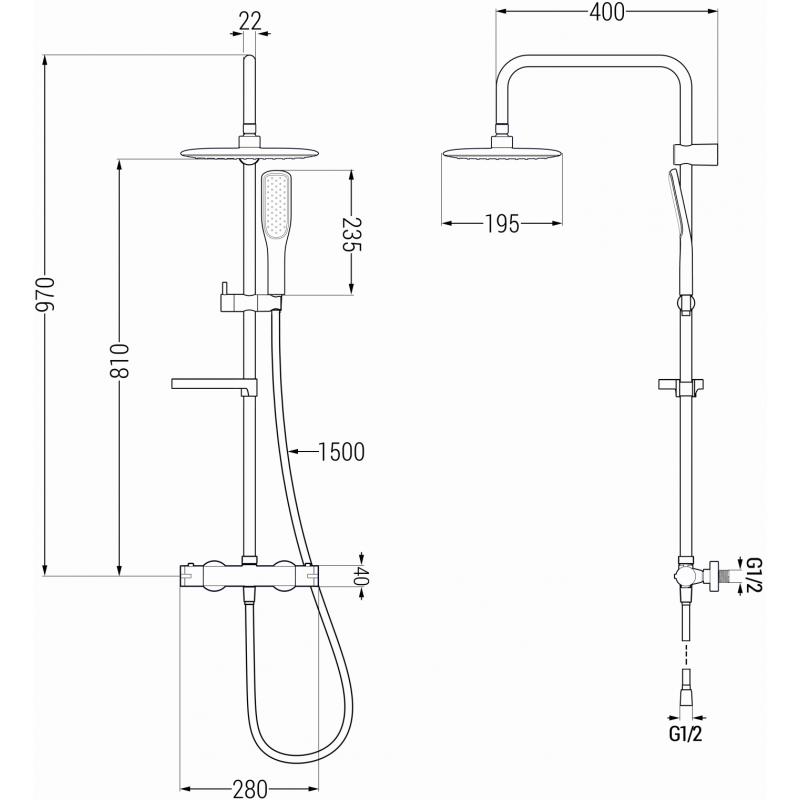 Mexen KX49 ensemble de douche en saillie avec pomme de douche et robinetterie thermostatique, noir/or - 771504991-75